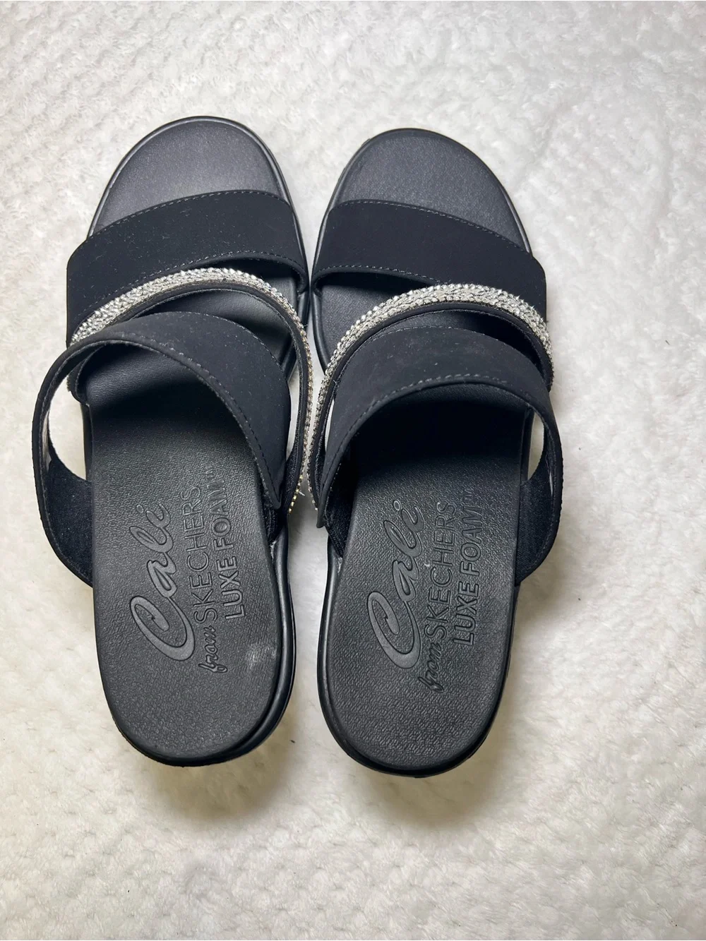 Skechers Black Wedge Slide Sandals with Silver Rhinestone Strap